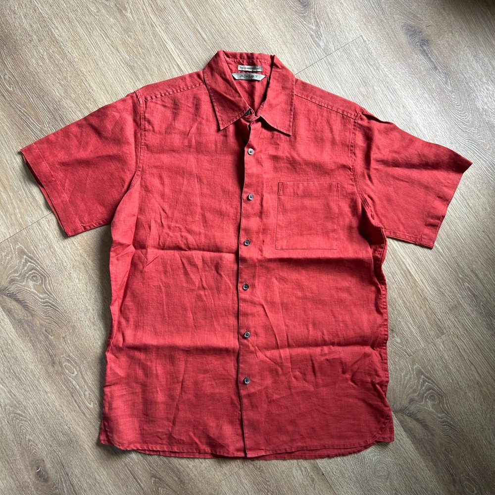 Axist Mens Red 100% Linen Short Sleeve Button Down Shirt Wave Washed Medium